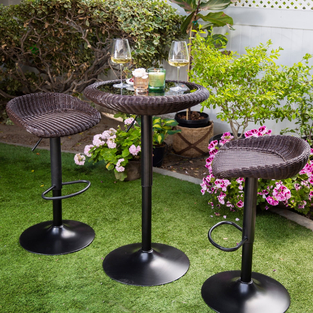 Barton 3Pieces Outdoor Bar Stool Swivel Bar Stool W/ Glass Table Woven