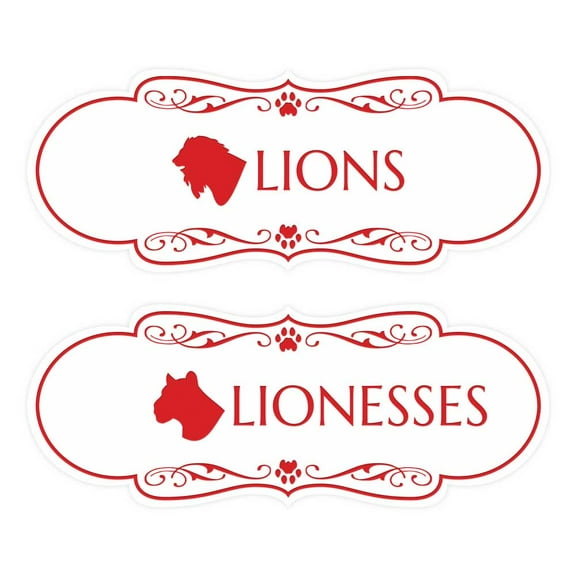Designer Lions and Lionesses, Novelty Restroom Signs, set of 2 (White/Red) - Large