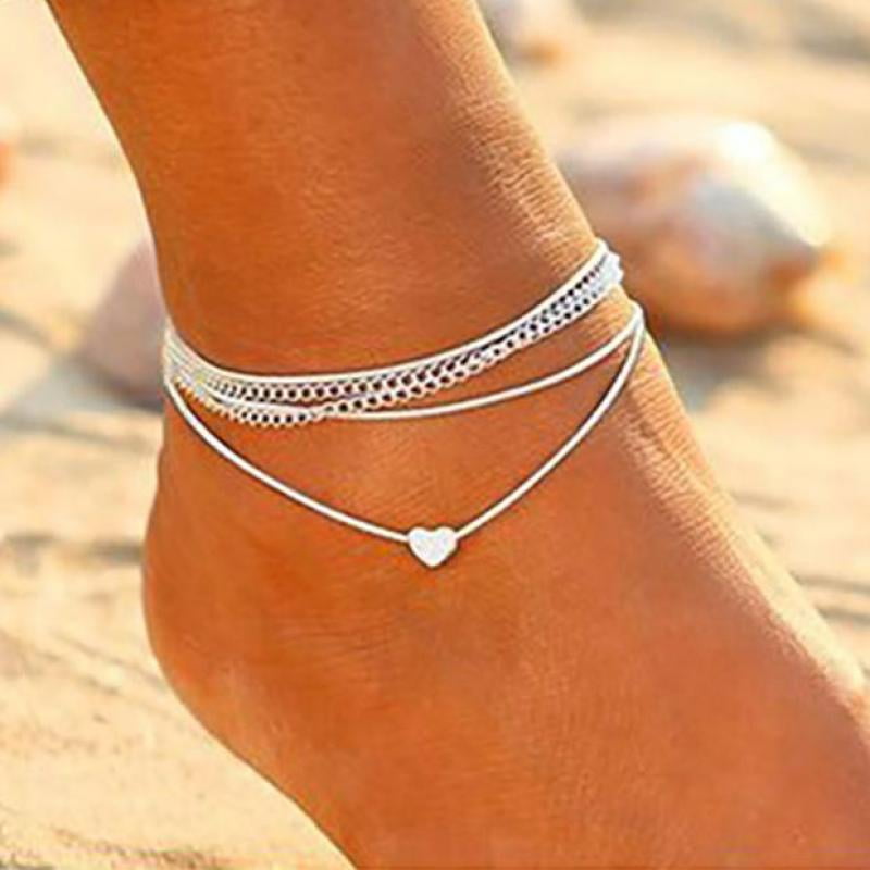 Naomi 925 Sterling Silver 2 Layers Anklet Chain Beach Sandal Barefoot Love Heart Adjustable 24cm Ankle Bracelet