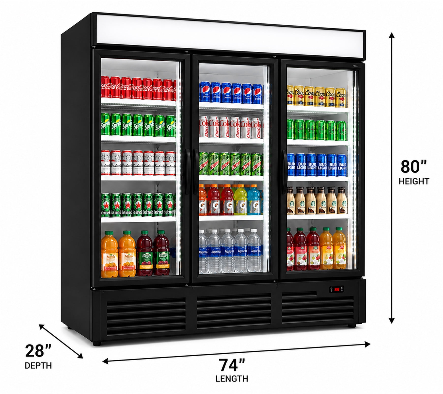 74 Inch Commercial 3 Glass Door Merchandiser Beverage Refrigerator 49 Cu Ft Display Cooler ETL Certified LED Lighting Black