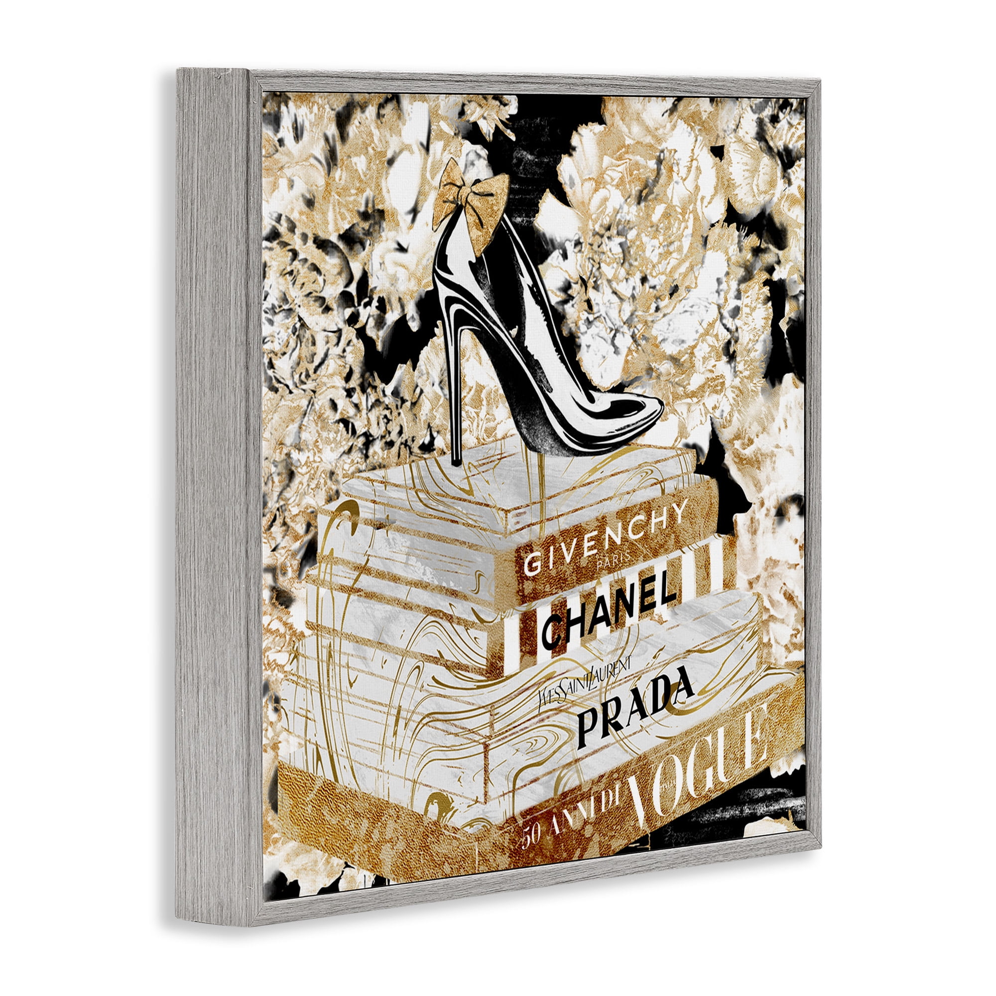 Stupell Industries Designer Fashion Heels & Books Beauty & Fashion Painting Gray Framed Art Print Wall Art, 24 x 24