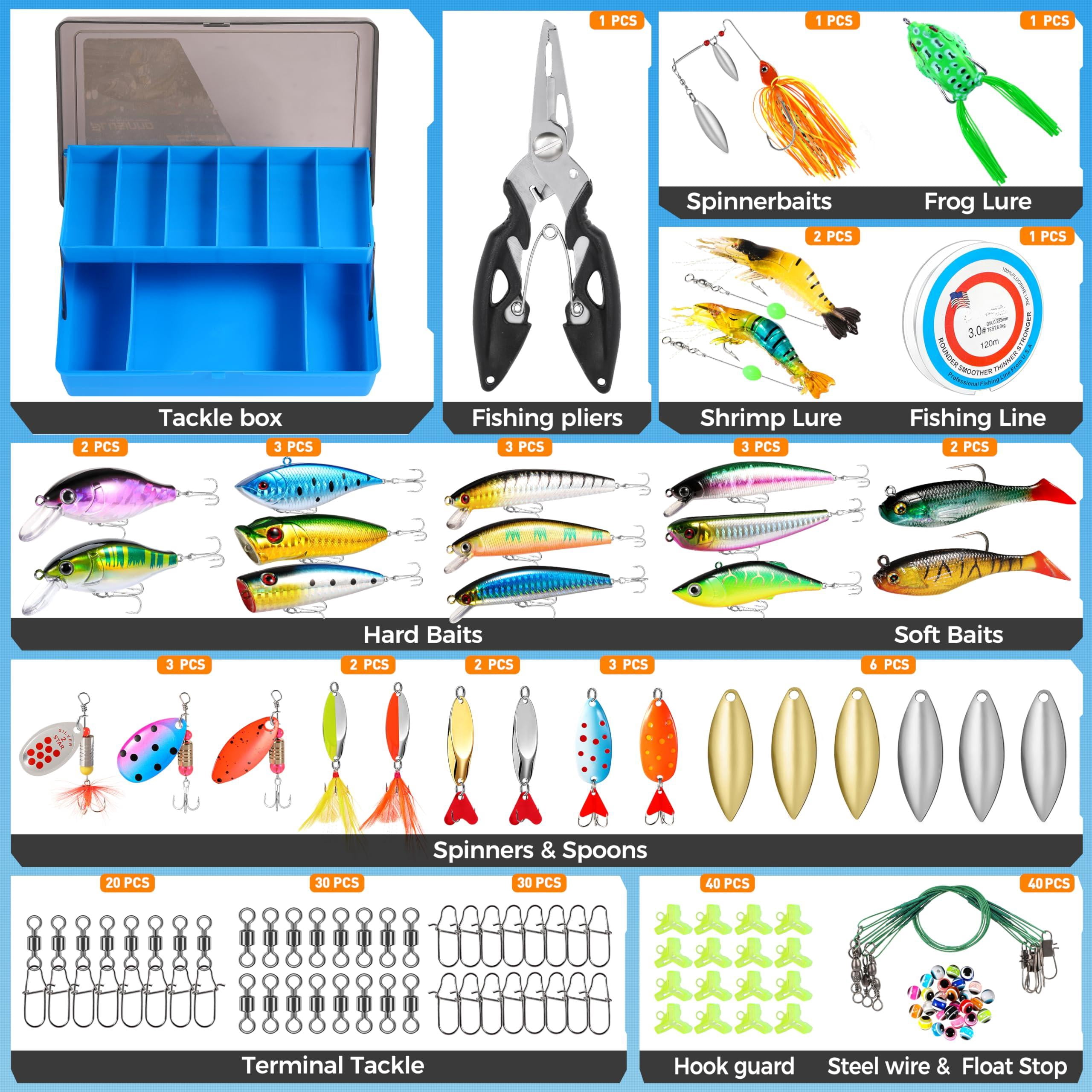 Fishing Lures Tackle Box Gifts For Men  Bass Trout Accessories Kit Saltwater & Freshwater Gear Including Topwater Hooks Spinnerbaits