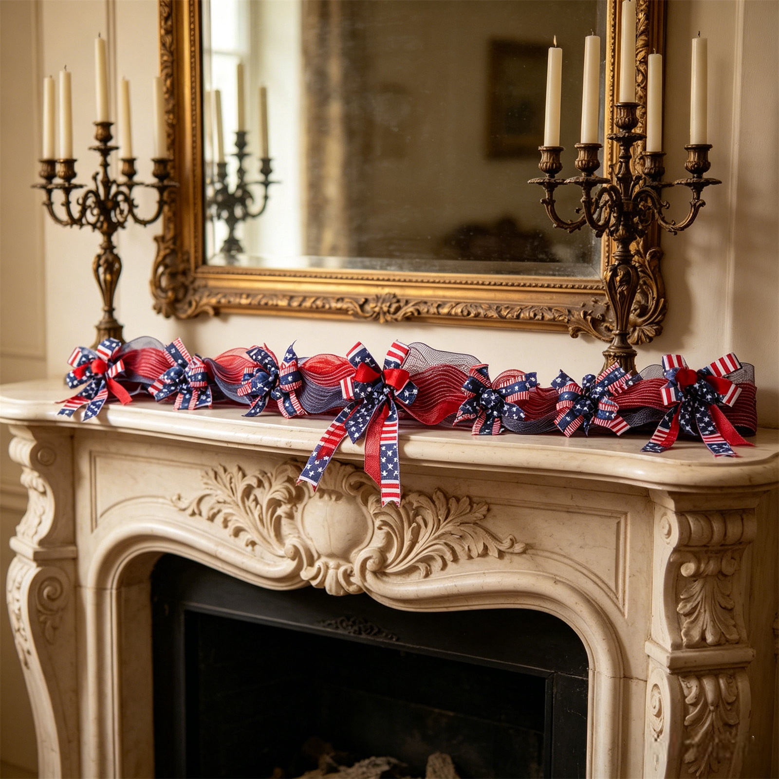 Independence Day Pull Flower 70.9 in, Red White Blue Mesh Ribbon Bow for Fireplace Door, 4th of July Party Decor with Star‑Spangled Flag