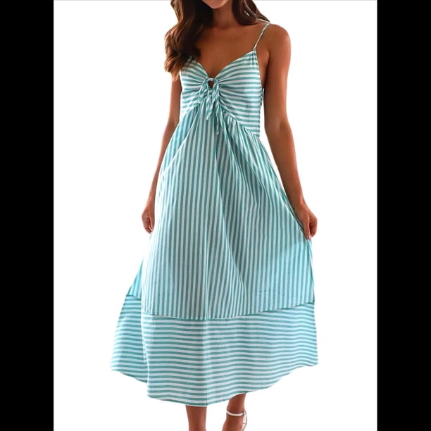 Vestido de Verano con Cuello en V para Mujer, A Rayas, Estilo Bohemio, para Playa, con Tirantes Finos y Lazo en la Espalda. Verde XL