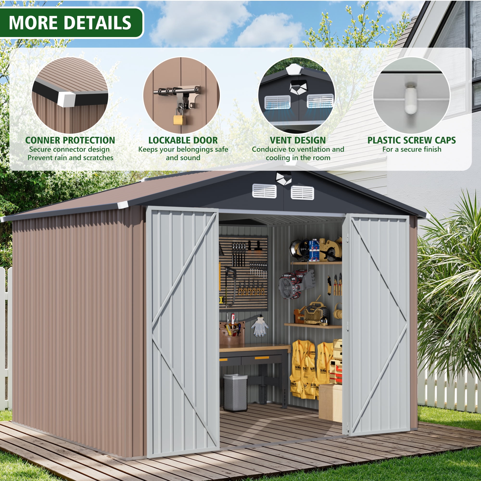 10 ft. W x 12 ft. D Outdoor Metal Tool Storage Shed with Led Light & Air Vents