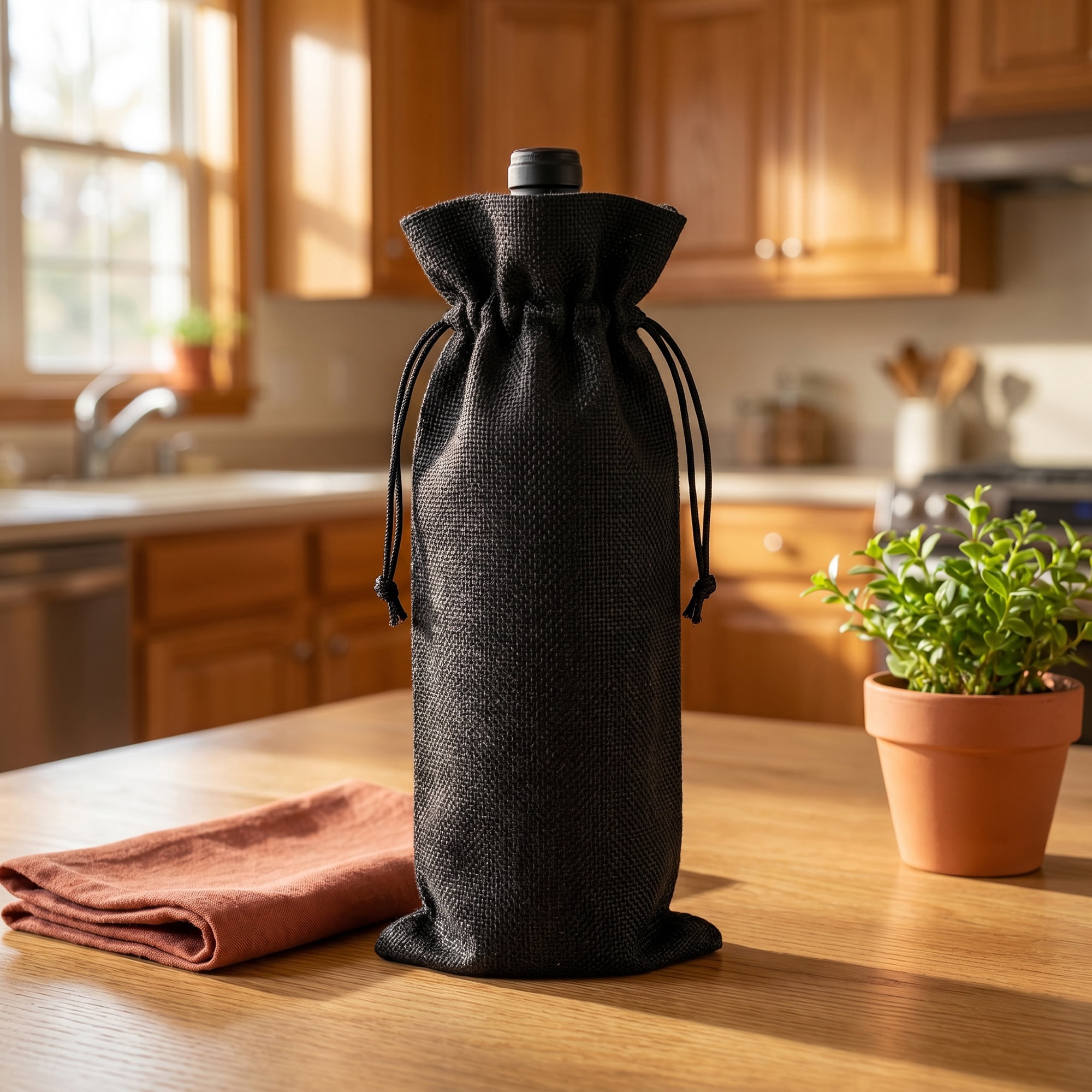 Unique Bargains Elegant Single Wine Bottle Gift Bags with Handles Black 5.9" x 13.8"