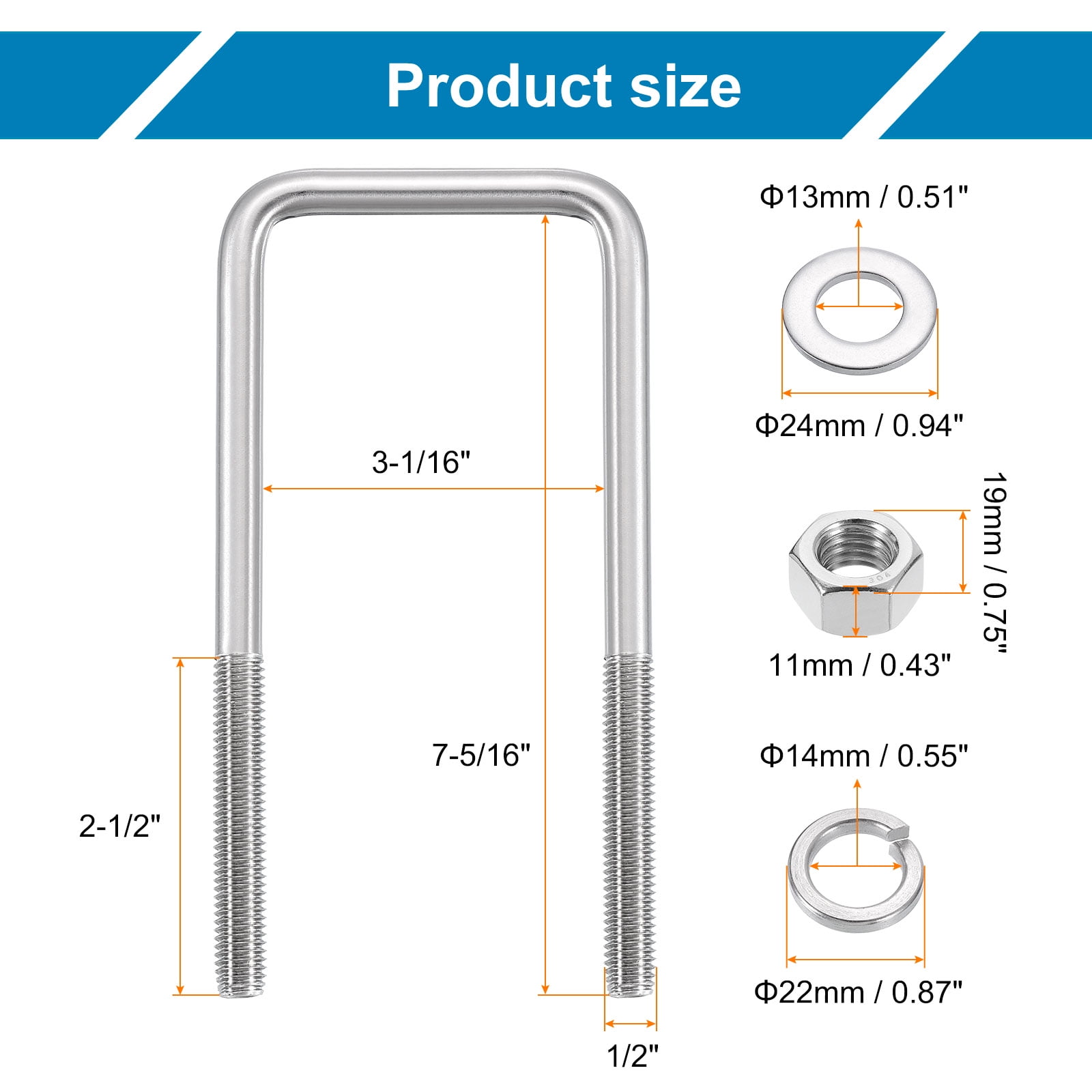 Uxcell U Bolts, 4 Set 3-1/16" x 7-5/16" - 304 Stainless Steel Square U Bolt with Washers and Nuts, Heavy Duty U-Bolts for Boat Trailer Ski Boat Trailer Sailboat Industrial Fasteners