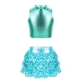 thumbnail image 6 of Aislor Kids Girls Sleeveless Crop Top with Sequins Skirted Shorts Set Salsa Samba Latin Jazz Dance Ballroom Costume Lake Blue 8, 6 of 7
