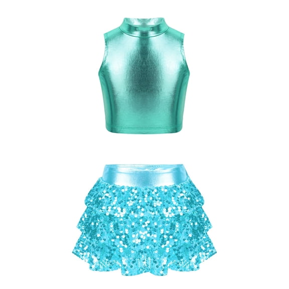 Alvivi Kids Girls Jazz Modern Hip Hop Dance Outfits Sleeveless Crop Tops with Skirted Shorts Set Lake Blue 14