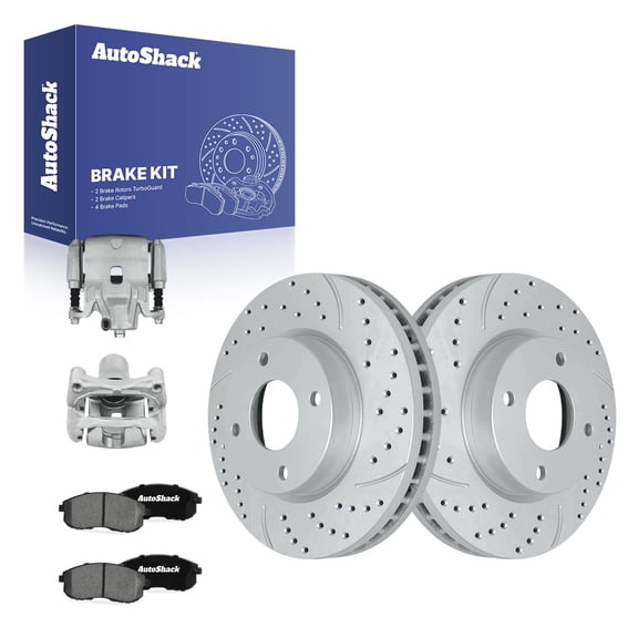 AutoShack Front Vented Drilled & Slotted Coated Brake Rotors Silver Matte Finish   Ceramic Pads   Calipers 8-PC Brake Kit Replacement for 2007 Nissan Sentra TurboGuard 11.01" (279.7 mm)