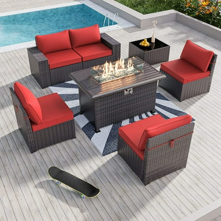 Gotland 7 Pieces Outdoor Patio Furniture Set with 43 Gas Propane Fire Pit Table PE Wicker Rattan Sectional Sofa Patio Conversation Sets Red