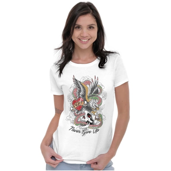 Never Give Up Fight Skull Tattoo Womens Fitted Plus Size Graphic Tee Brisco Brands 2X