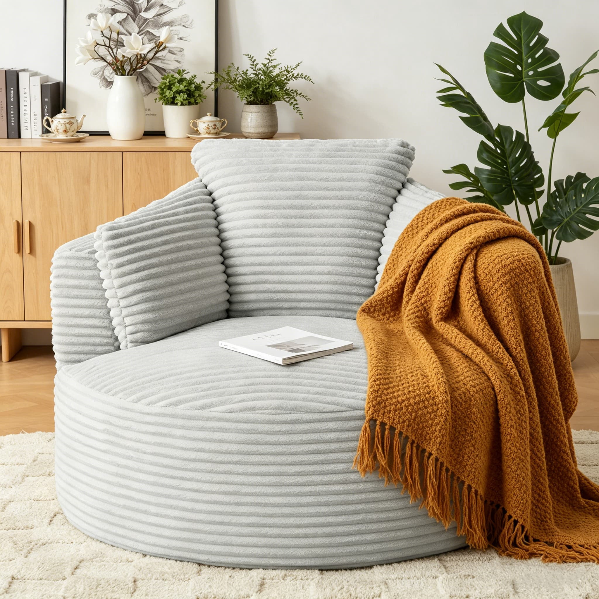 Aukfa Modern Corduroy Round Accent Chair, Compressible Chaise Lounge for Living Room & Bedroom, No Assembly,Gray