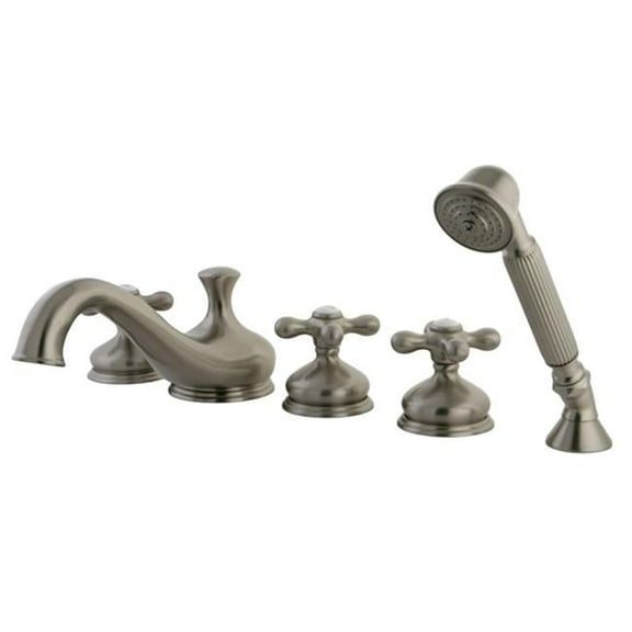 5 Piece Roman Tub Filler with Cross Handle & Hand Shower - Satin Nickel