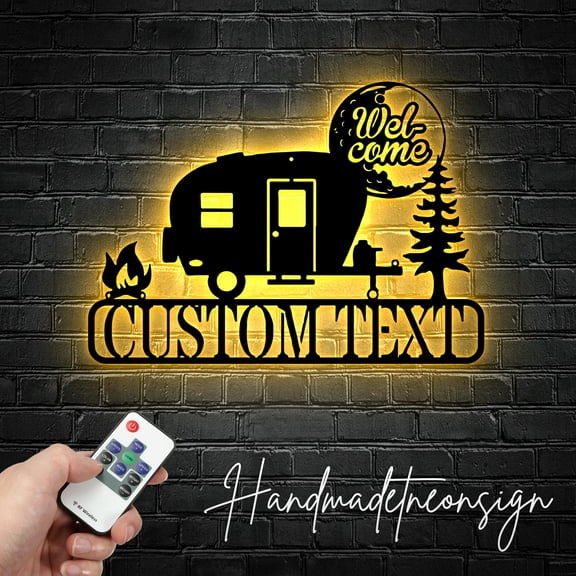 Handmadetneonsign Custom Camper Van Metal Wall Art LED Light, Wild Camping Metal Sign, Caravan Metal