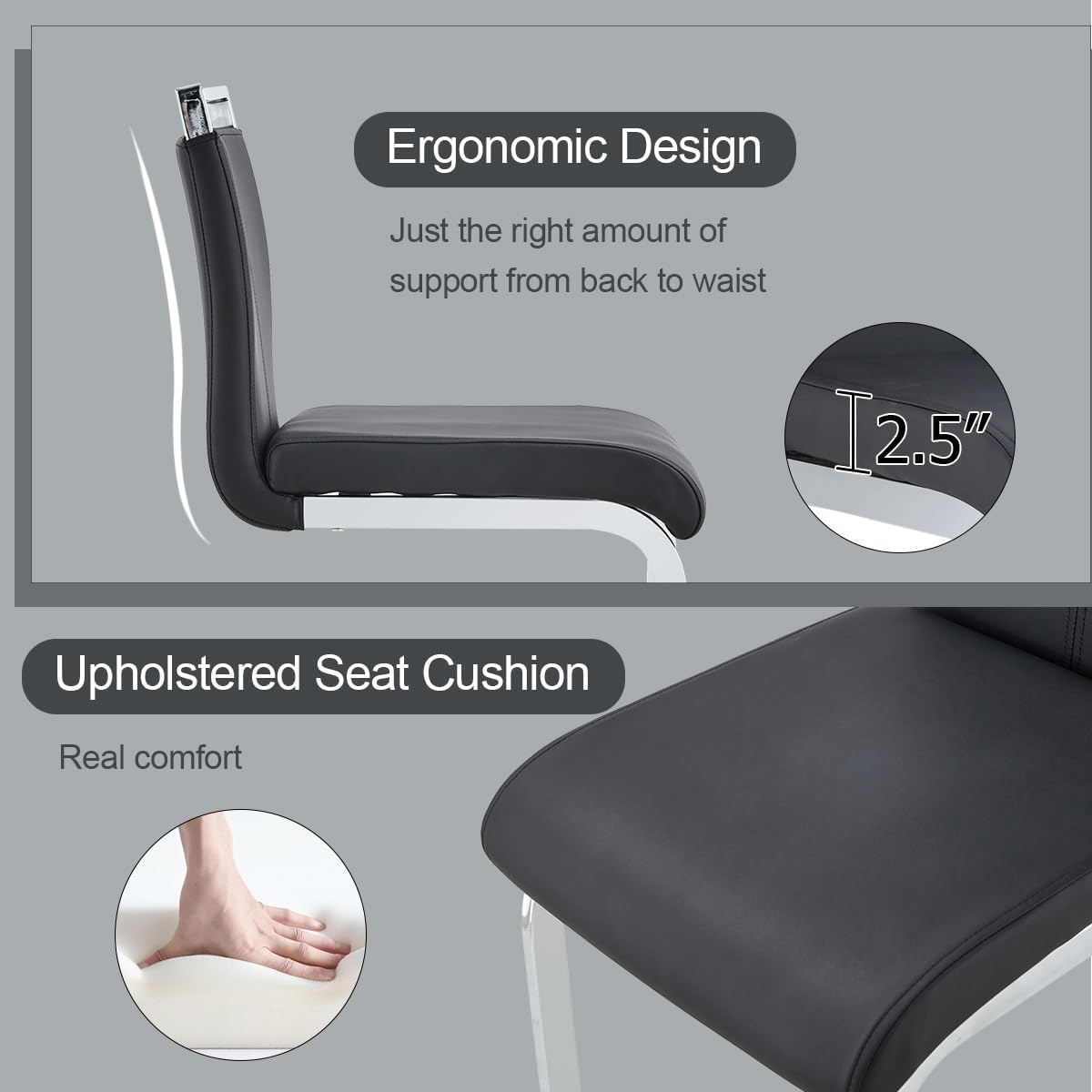 Lecut 30" Counter Height Bar Stools Set of 2, Modern Upholstered PU Leather Bar Stools with Back and Silver Chrome Plated Metal Frame, Armless Bar Chairs for Kitchen Island (Black+Silver)