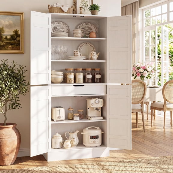 Homieasy 70" Tall Kitchen Pantry Cabinet, Farmhouse Storage Cabinet with Barn Doors & Drawer, Adjustable Shelves, White