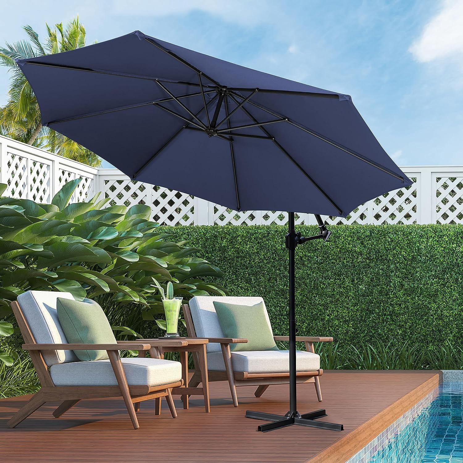 Sobaniilo Patio Offset Umbrella w/Easy Tilt Adjustment, Crank and Cross Base, Outdoor Cantilever Hanging Umbrella with 8 Ribs, 95% UV protection and Waterproof Canopy, Navy Blue