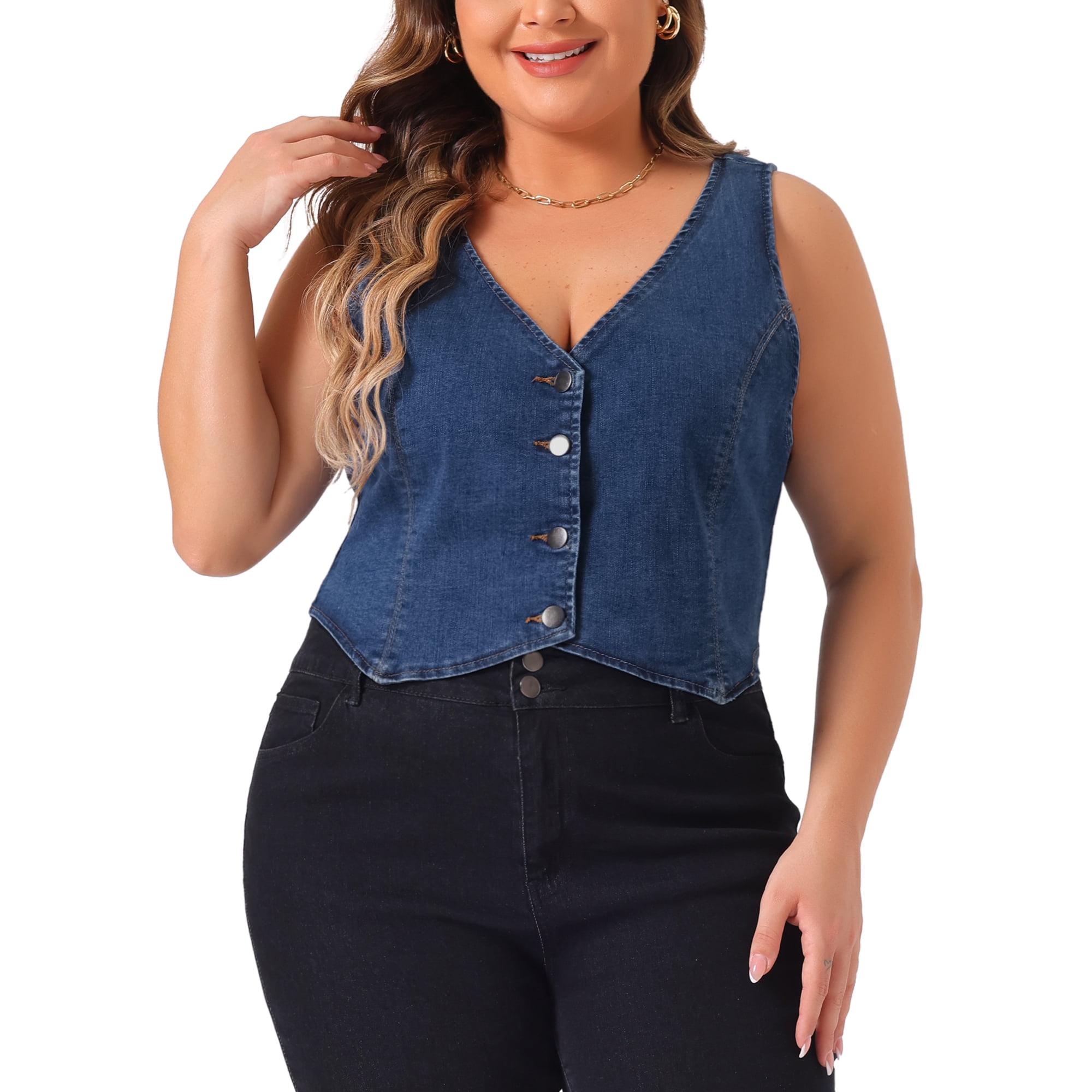 Unique Bargains Plus Size Denim Vest for Women Sleeveless V Neck Button Down Casual Jean Waistcoat Jacket Blue 3X