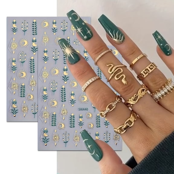 2Pcs Bohemian Bronzing Moon and Green Leaf Nail Art Stickers - Self-Adhesive DIY Nail Wraps for Creative Designs