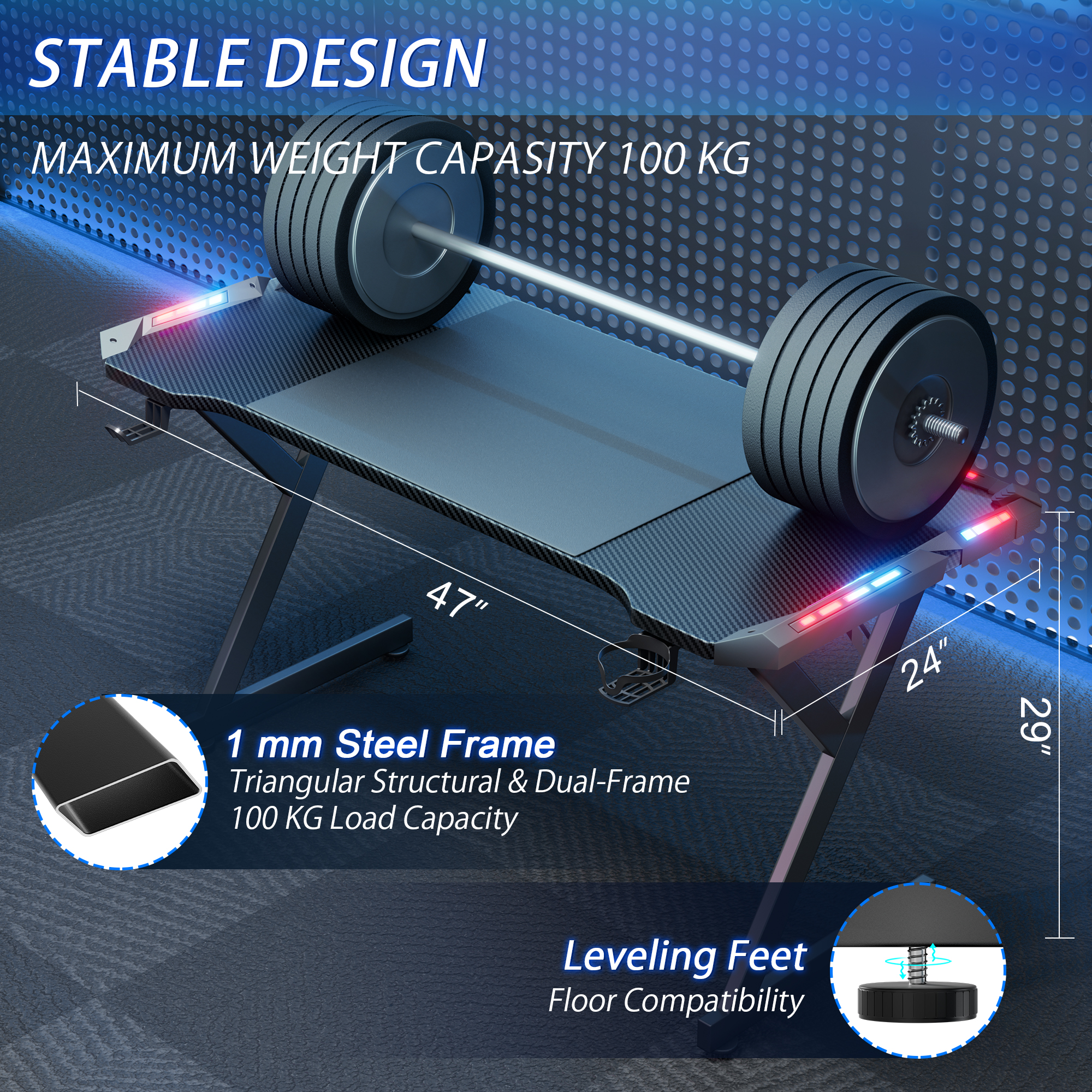 HLDIRECT 47" Gaming Desk with RGB LED Lighting, Black photo 3