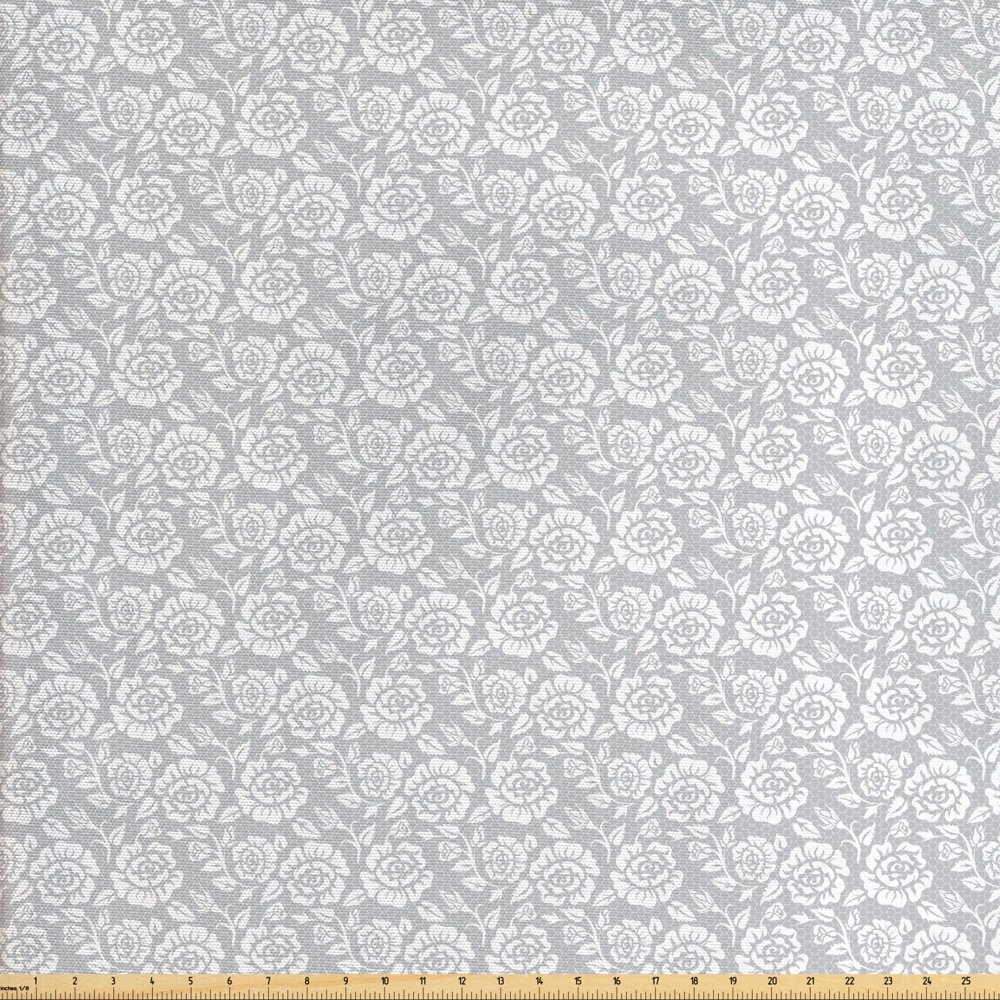 Grey Fabric by The Yard, Floral Flower Buds Leaves Pattern English