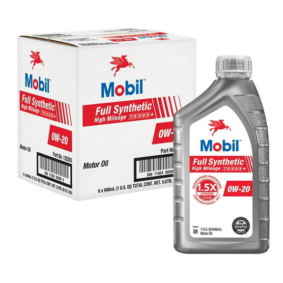 Mobil Full Synthetic High Mileage Motor Oil 0W-20, 1 Qt, Case/6