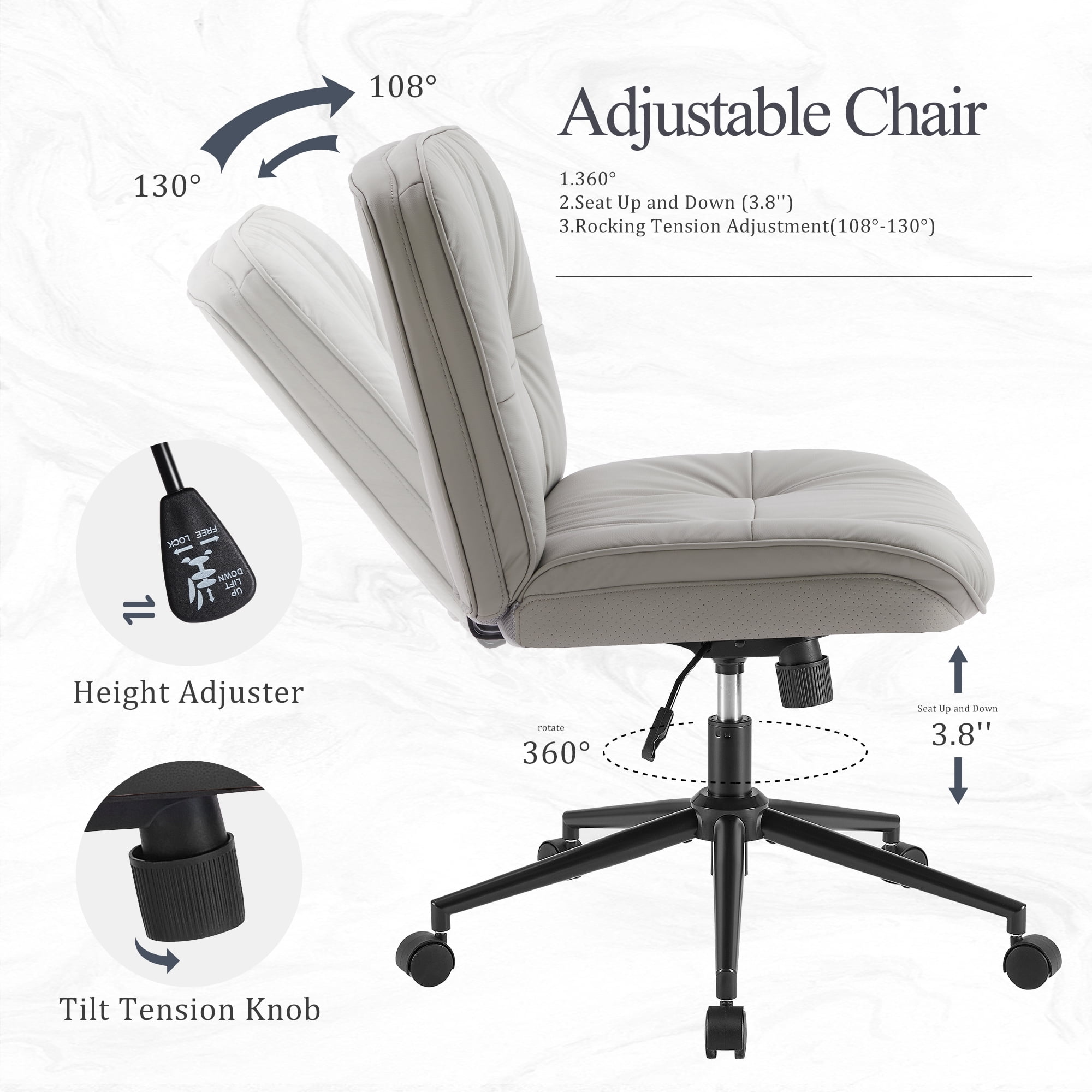 CONCETTA Armless Office Chair with Wheels - Swivel Rolling & 22° Rocking Recline, Wide PU Leather Seat, for Home Office Desk and Mobile Use, Gray