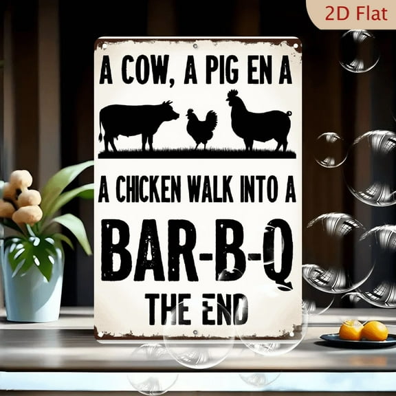 1pc Humorous Farm Animal Metal Tin Sign BBQ-Themed Wall Art for Home, Bar, Cafe - Cow, Pig, Chicken Barbecue Decor12x8 Inch