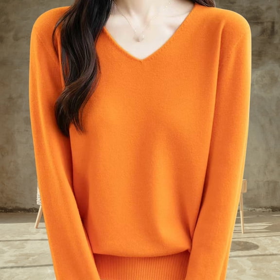 CQONEPT Women's V Neck Knit Sweater Pullover Top Fall Warm Casual Long Sleeve Soft Fleece Comfortable Blouse Orange Orange,2XL