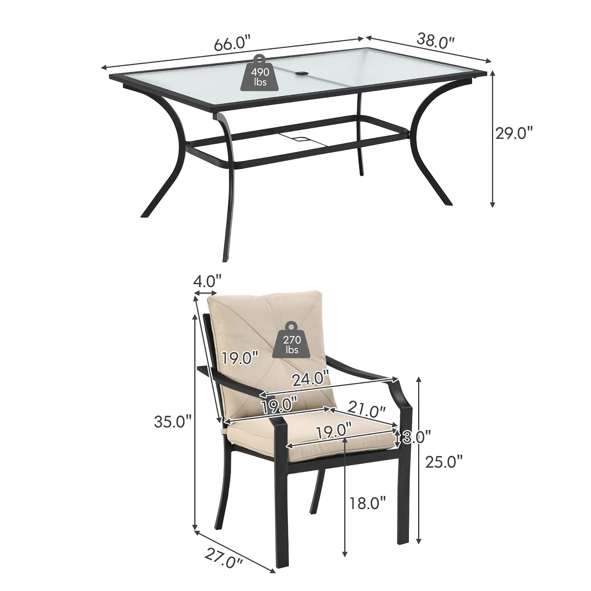 Costway 5PCS Patio Dining Set Stack Chairs Cushioned Glass Table Umbrella Hole