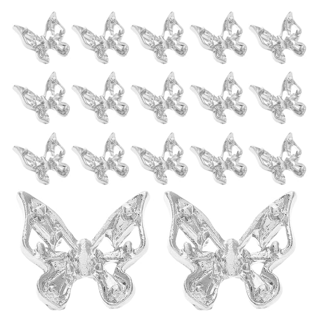 30 adornos de mariposa 3D para uñas, de metal plateado, con diamantes de imitación, para manicura y diseños de uñas DIY.