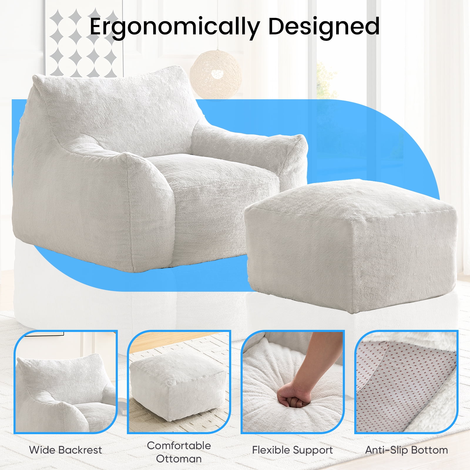 BALUS 42" Faux Fur Bean Bag Chair with 22" Ottoman and Armrests, Giant Bean Bag Chair for Adults, Comfy Chair with Armrests for Bedroom, White