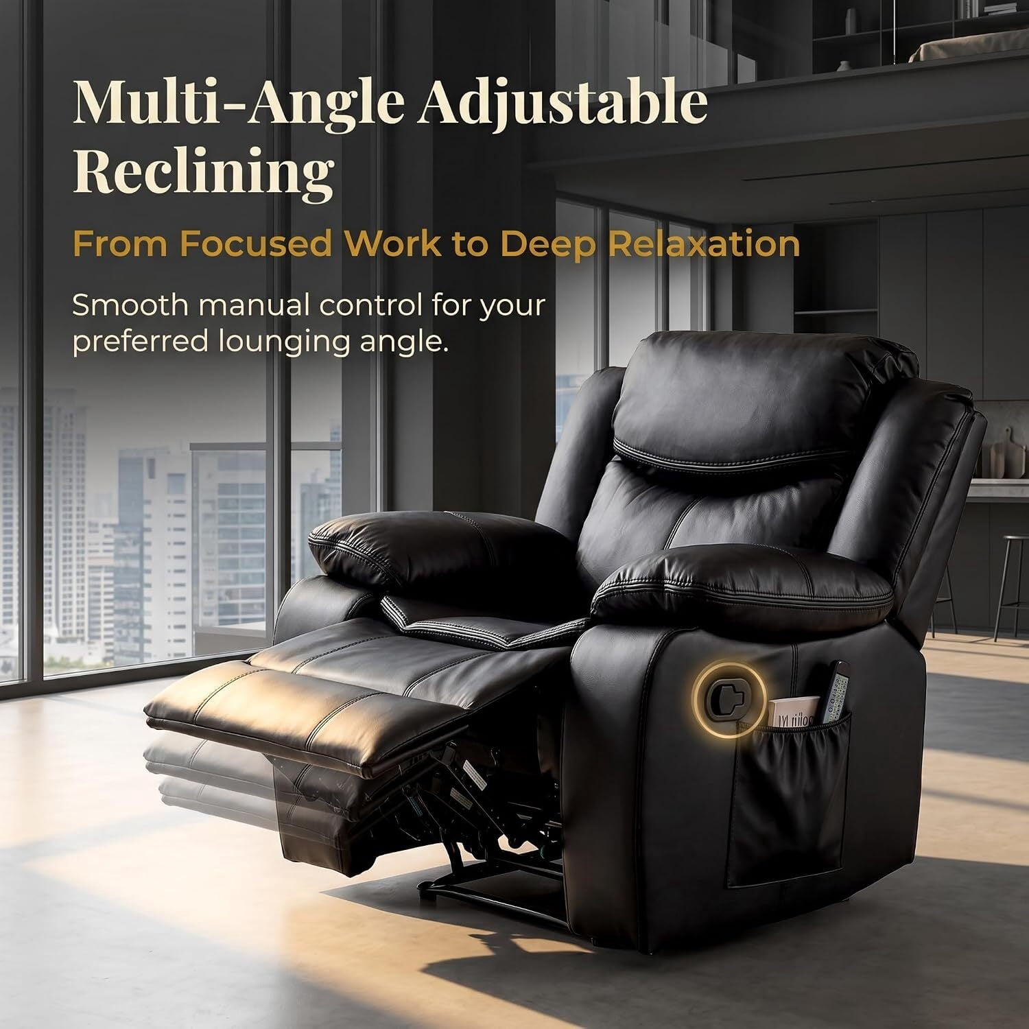 Recliner Chair,Oversized PU Leather Lounge Sofa 90°-160° Recline with 8 Vibration Massage Lumbar Heat Support 30D High Density Foam Side Storage Quick Assembly,Black