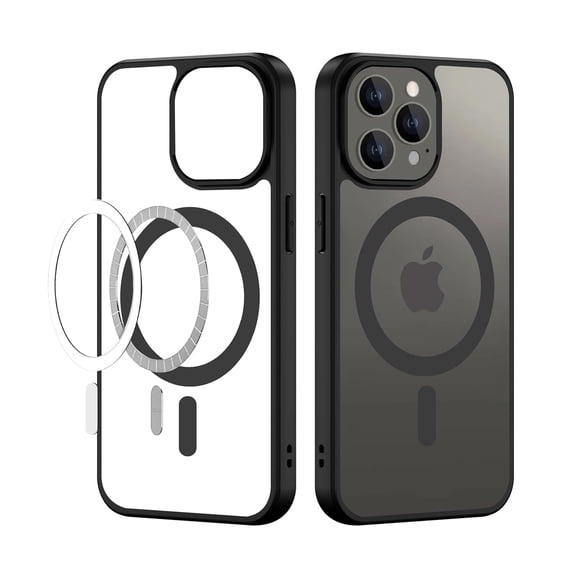 IPhone 13 Pro Max Frosted Transparent Back with Black TPU Bumper, Shockproof Protective Cover, Built-in Magnetic Ring, Camera Lens Protection, Wireless Charging Compatible (Black)