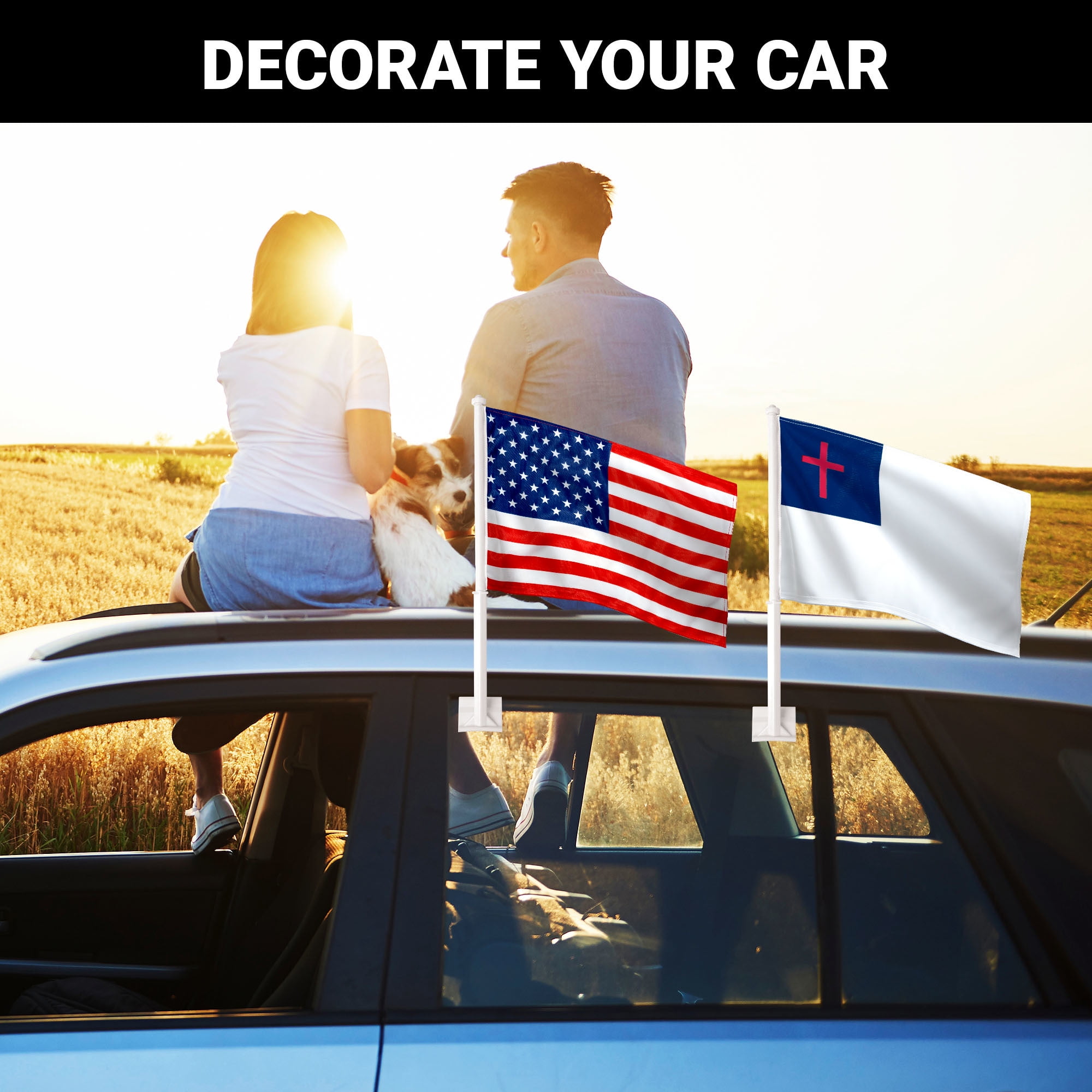 G128 Combo Pack: American USA Car Flag & Christian Religious Car Flag 11x17 In | Both Double Sided Printed 150D Polyester | Flagpole Included | Perfect for Festival Celebrations, Parades