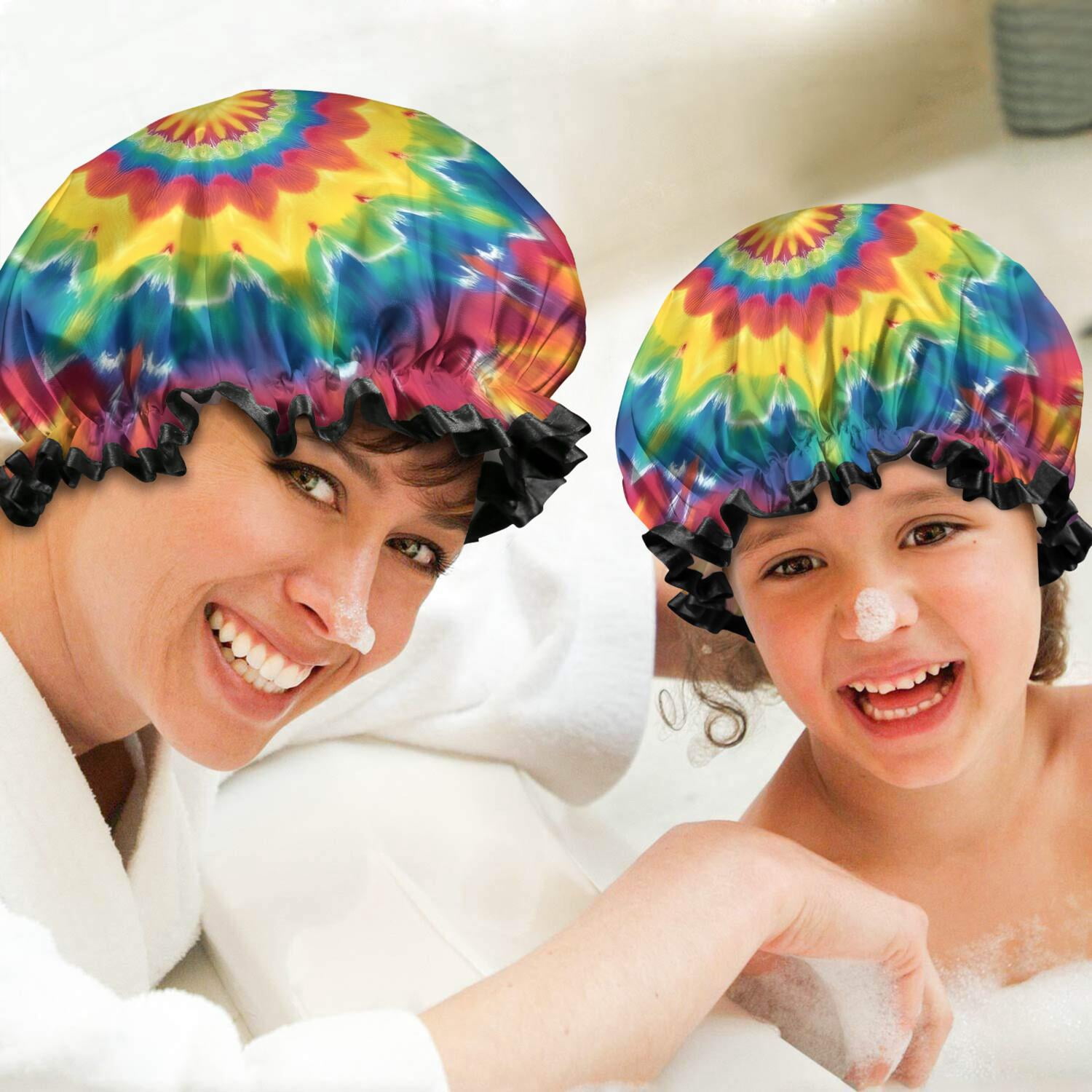 Shower Caps,Rainbow Tie Dye Star Mandala Pattern Waterproof Shower Cap for Women 4 Pieces,Double Reusable Hair Cover for Shower PEVA Elastic Stretch Hem