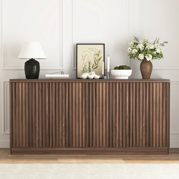 DOMVARANIQUE 62.6" Walnut Buffet Cabinet, 4-Door Sideboard with Shelves