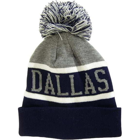 Dallas City Name Wide Stripe Winter Knit Pom Beanie Hat (Gray/Navy)