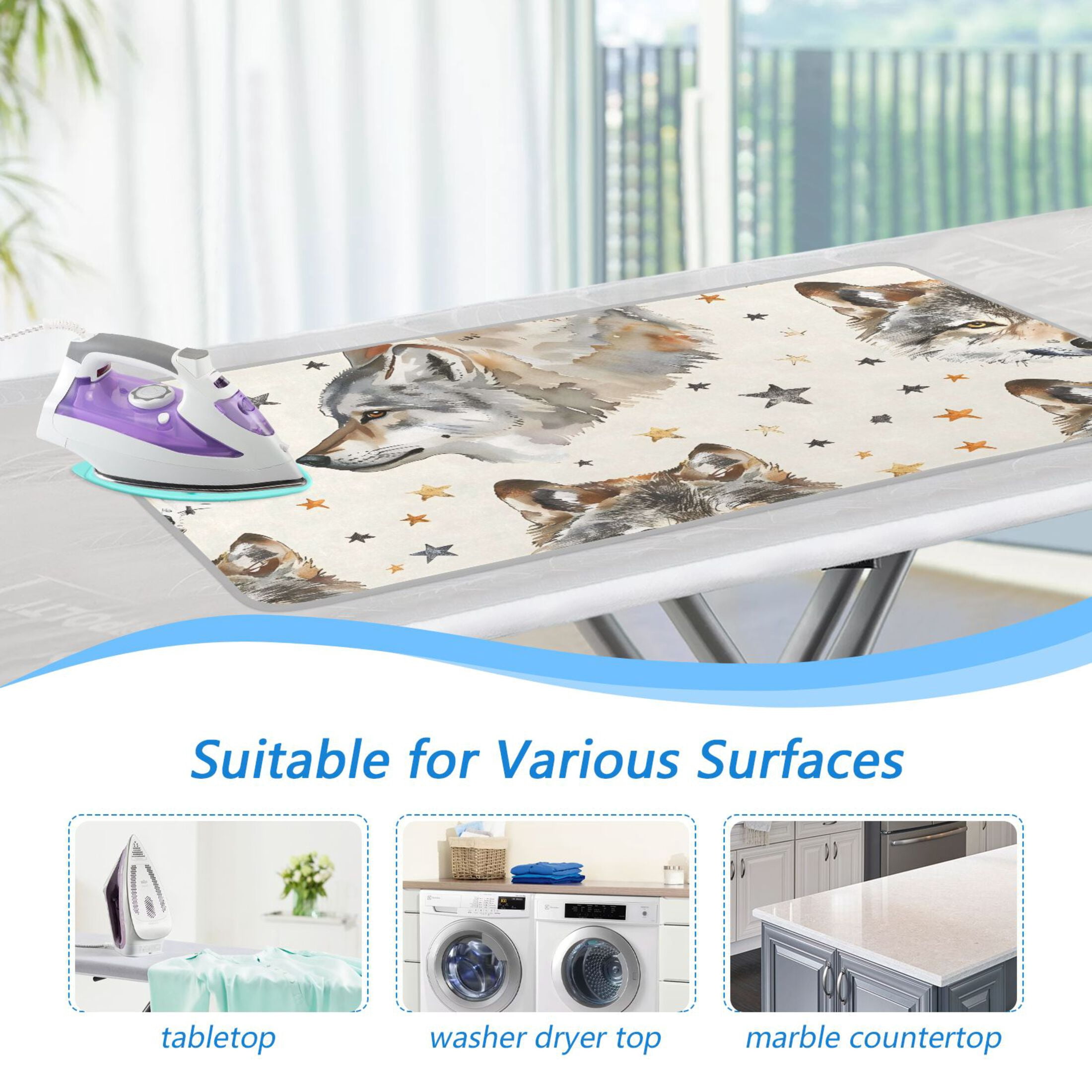 Wolf Face Stars Ironing Board Covers Heat Resistant Ironing Pad Mat Portable for Travel Washer Dryer Table