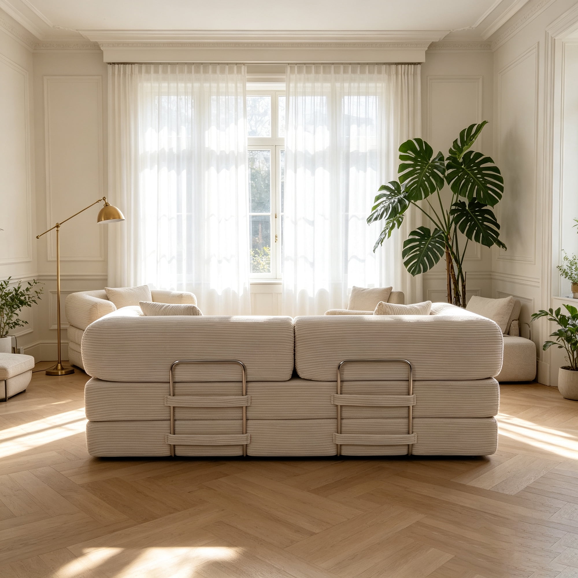 HOQBN Convertible Sofa Bed, Corduroy Fold Out Futon Sleeper Mattress with Pillows, Boneless Folding Floor Couch for Living Room Bedroom Beige