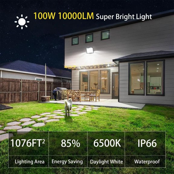 FGERFE-LED Flood Lights Outdoor-100W 10000lm Super Bright LED Work Light with US Plug,6500K Daylight White Floodlight,IP66 Waterproof Security Outside Lights for Yard Garage Stadium Bowfishing-1 Pack