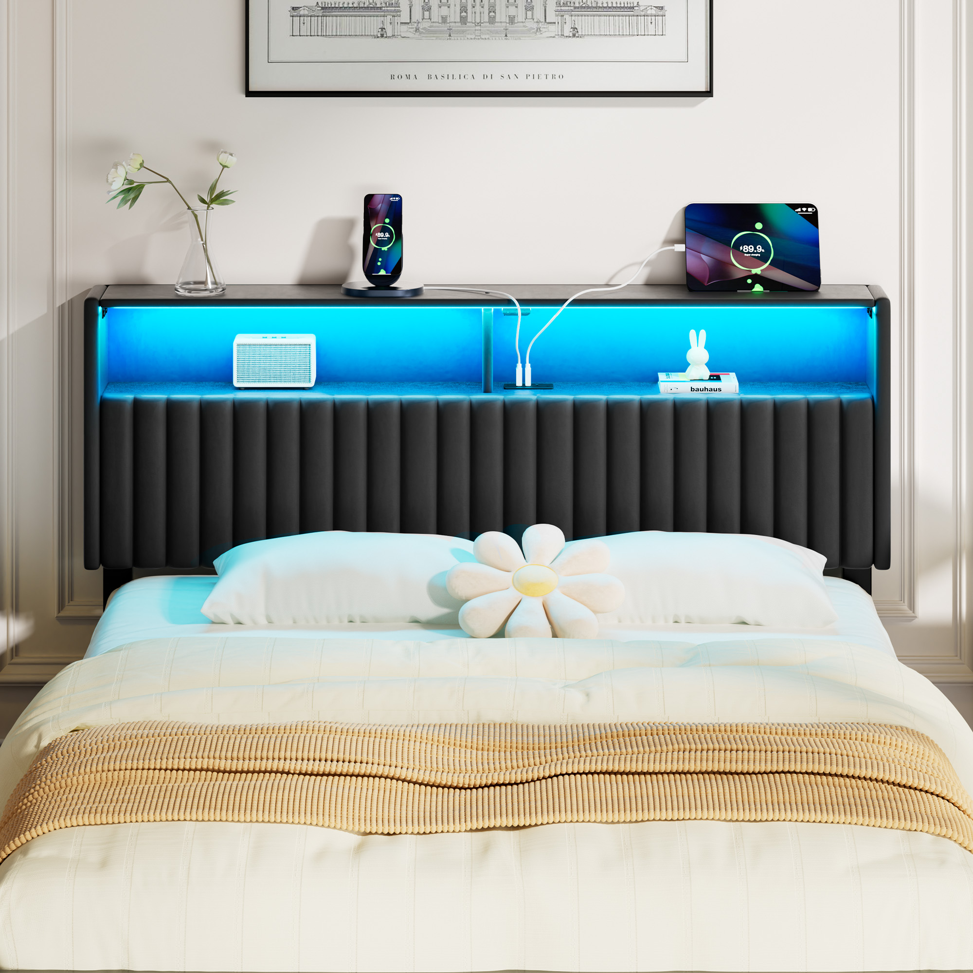 Greenstell Full Size Adjustable Storage Headboard Only - Modern Upholstered Head Board with LED Lights, Charging Station & Soft Padding, Black