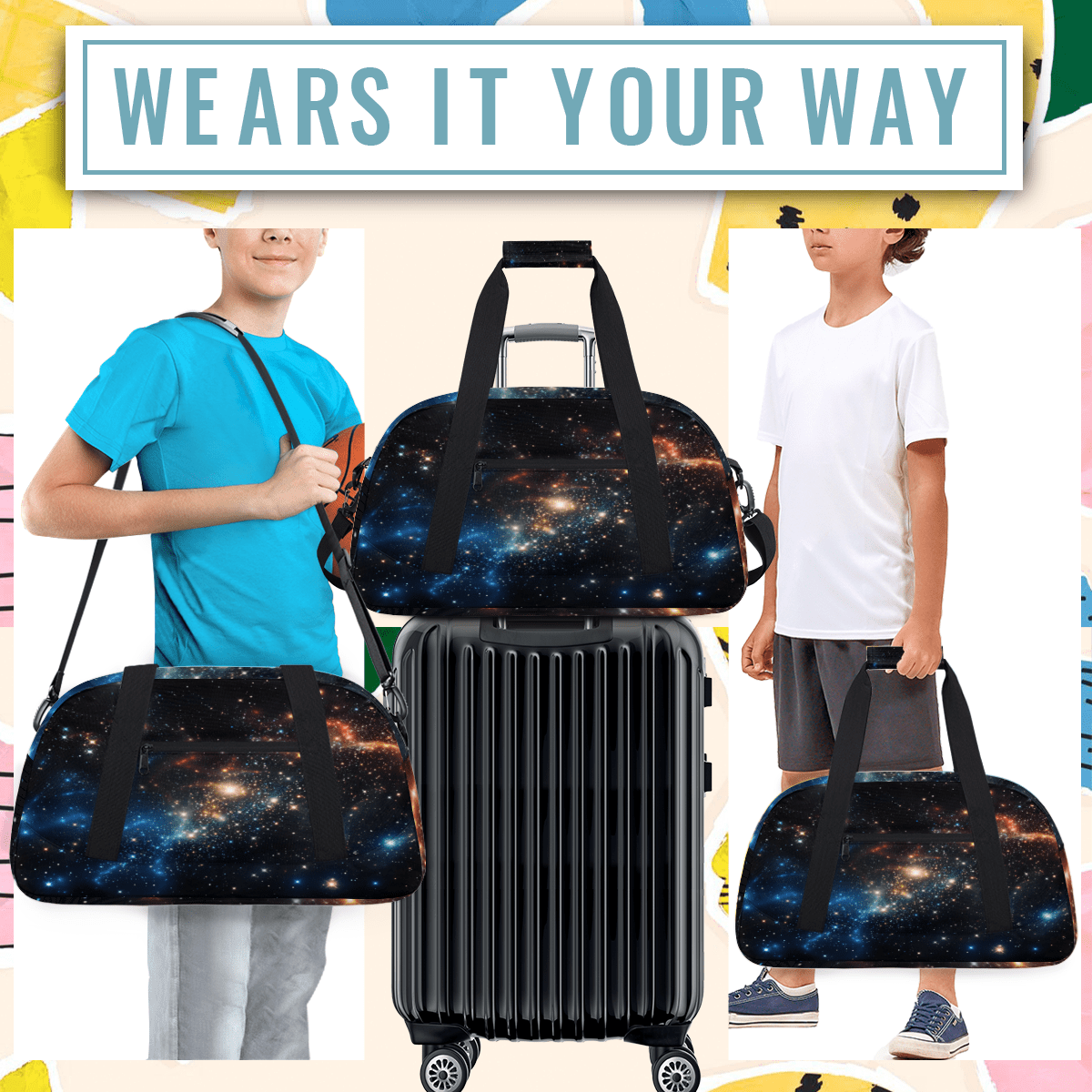 Herdesigns Galaxy Pattern Sports Duffle Bag for Women & Men, Space Gym Bag Dance Bag Overnight Bag Carry On Weekender Travel Bag