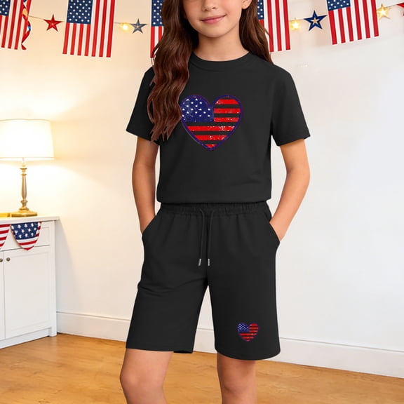 ITSAME Girls Outfit Sets Patriotic Print Cotton T-Shirt and Shorts 4th of July Casual Clothes 2-Piece Black Size 9