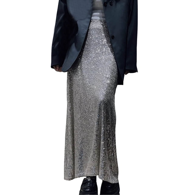 B91xZ Jupe Midi pour Femmes Décontractée Froncée Extensible Taille Haute Jupe Évasée Plissée Midi, Argent S