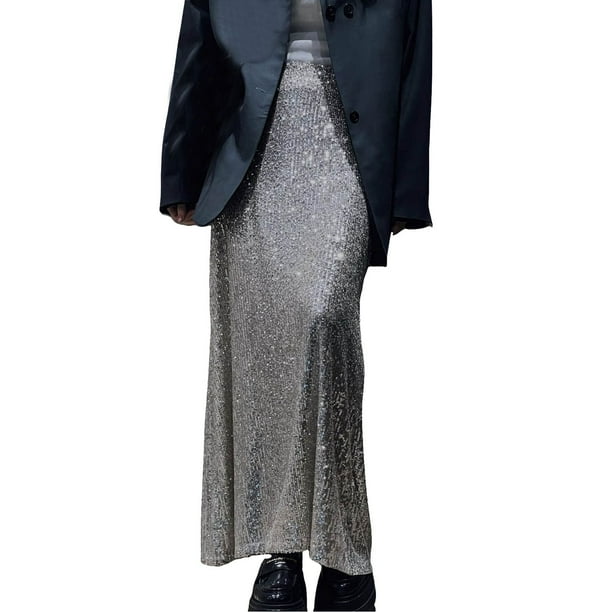 Falda larga con lentejuelas para mujer - Vestido de fiesta brillante de cintura alta - Poliéster - S-XL