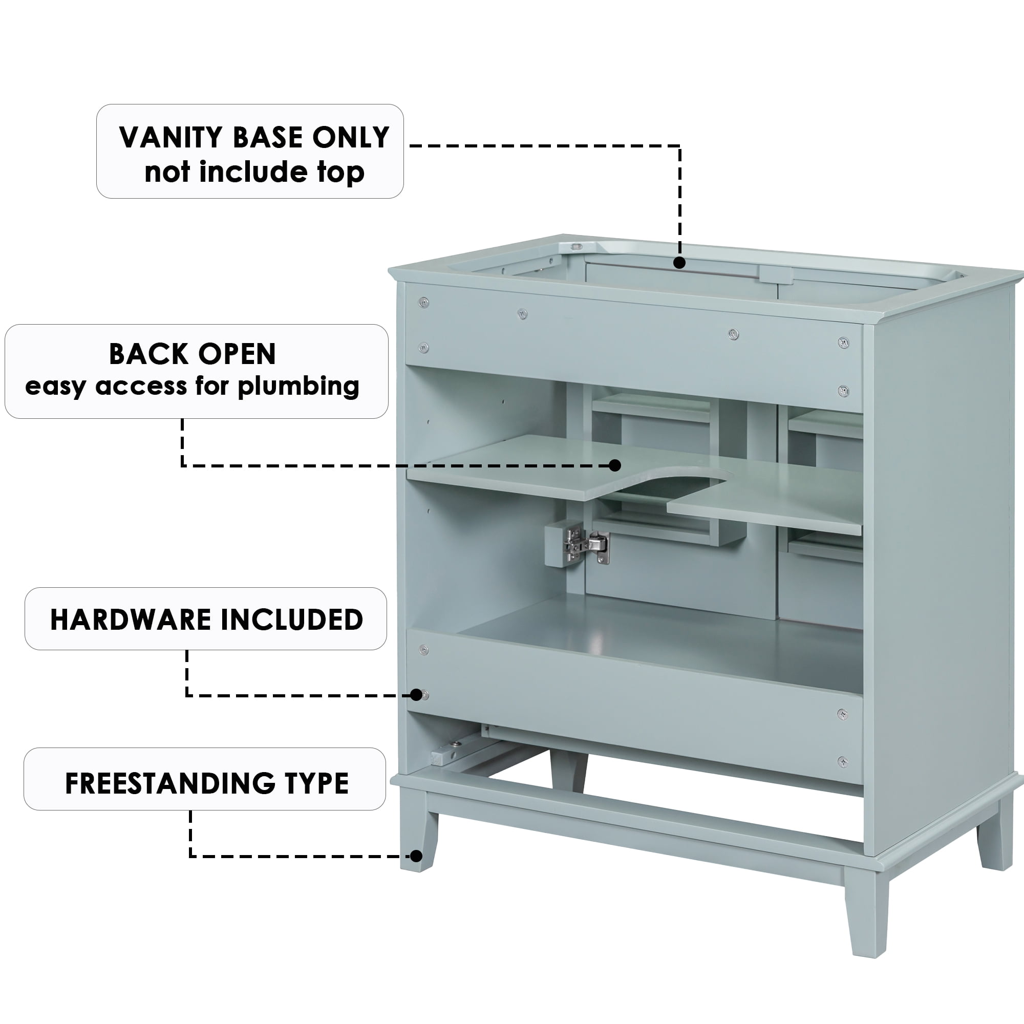 30" Bathroom Vanity Base Only, Green, Solid Wood and MDF, 2 Doors and 1 Drawer, Freestanding