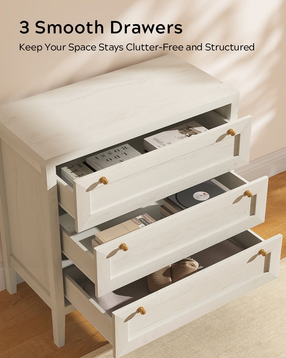 Joyyskill 3 Drawer Dresser, Modern Chest of Drawers Storage Cabinet with Golden Handles, Wood Nightstand End Table, Antique White