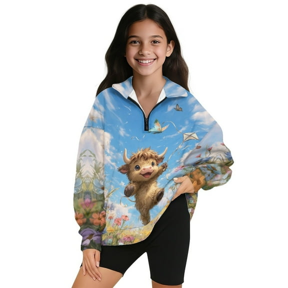 COEQINE Girls Quarter Zip Sweatshirt Pullover, Loose Fit Long Sleeve Fall Tops with Collar, Soft Polyester Fashion Top for Ages 5-6 Machine Washable, Cute Highland Cow